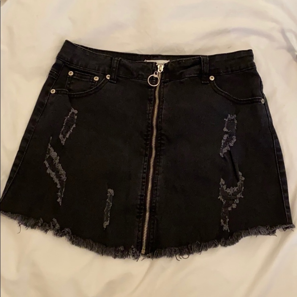 Black front zip jean skirt